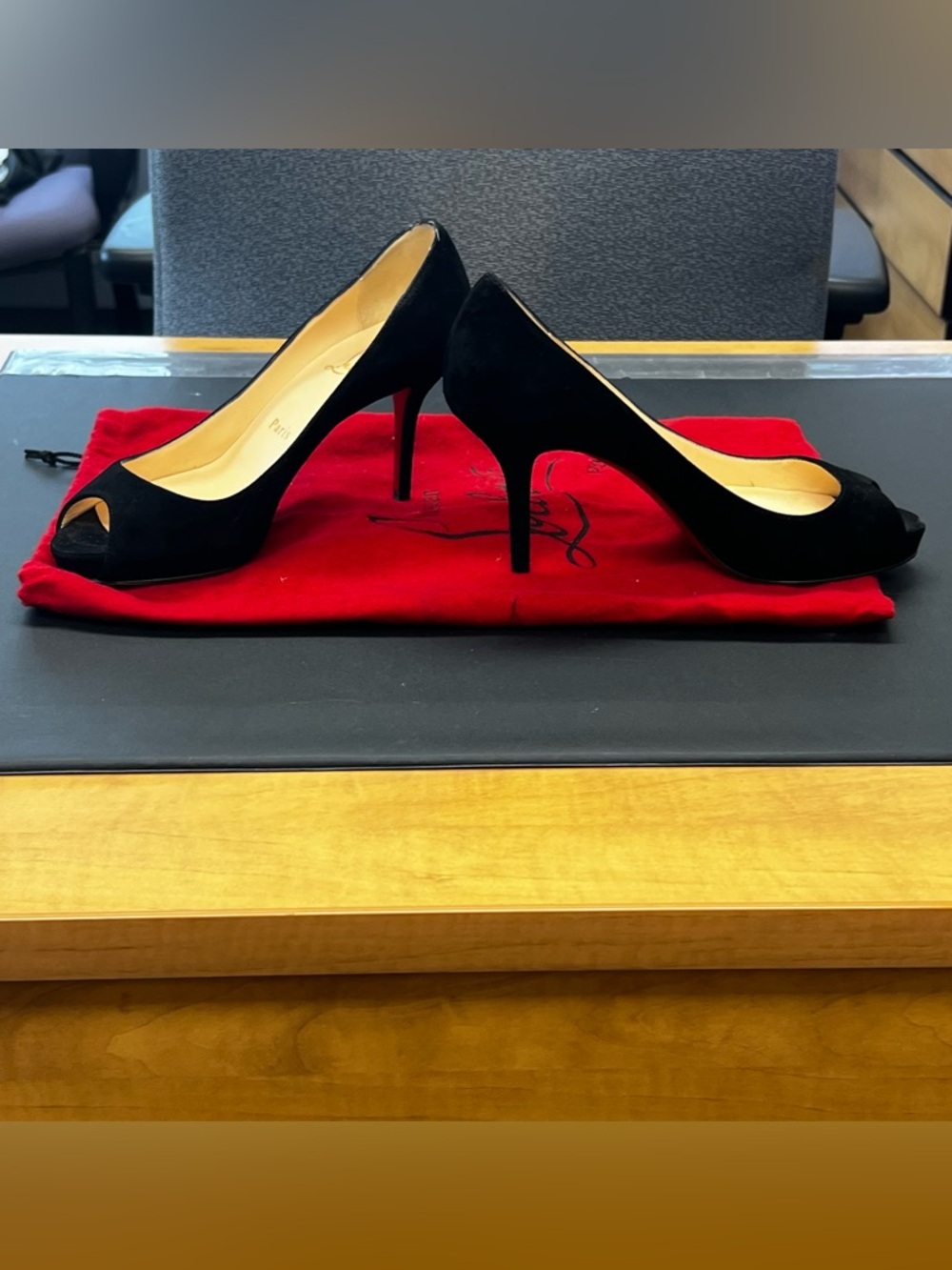 Christian Louboutin Black Suede Open-Toe Pumps - Picture 2 of 6